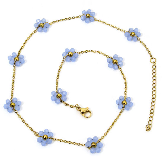 Picture of 1 Piece Vacuum Plating 304 Stainless Steel Beaded Chain Necklace 18K Gold Plated Blue Flower With Lobster Claw Clasp And Extender Chain 39cm(15 3/8") long