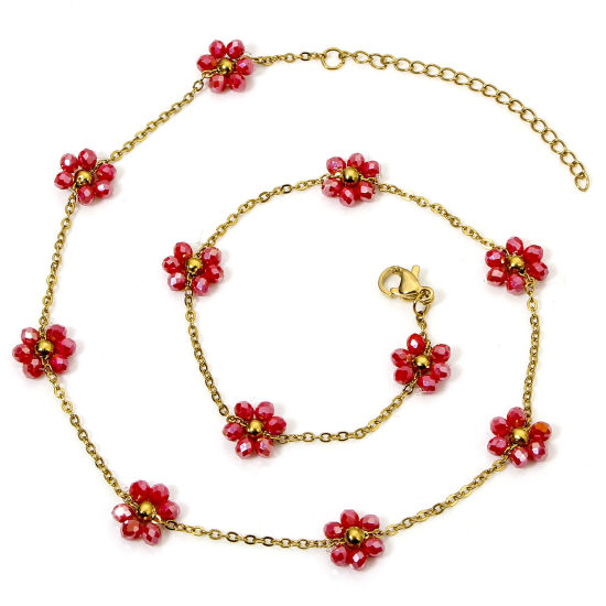 Picture of 1 Piece Vacuum Plating 304 Stainless Steel Beaded Chain Necklace 18K Gold Plated Fuchsia Flower With Lobster Claw Clasp And Extender Chain 39cm(15 3/8") long