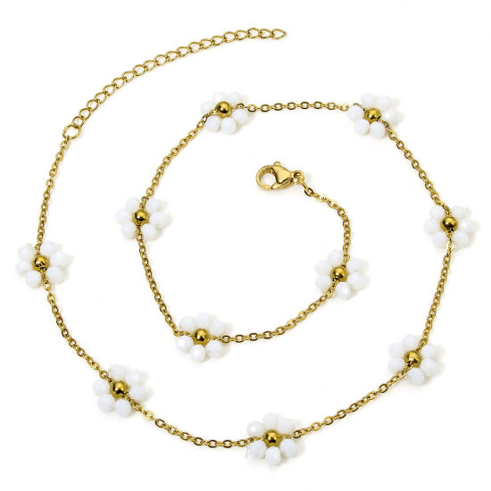 Picture of 1 Piece Vacuum Plating 304 Stainless Steel Beaded Chain Necklace 18K Gold Plated White Flower With Lobster Claw Clasp And Extender Chain 39cm(15 3/8") long