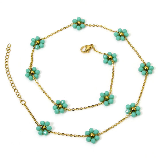 Picture of 1 Piece Vacuum Plating 304 Stainless Steel Beaded Chain Necklace 18K Gold Plated Green Flower With Lobster Claw Clasp And Extender Chain 39cm(15 3/8") long