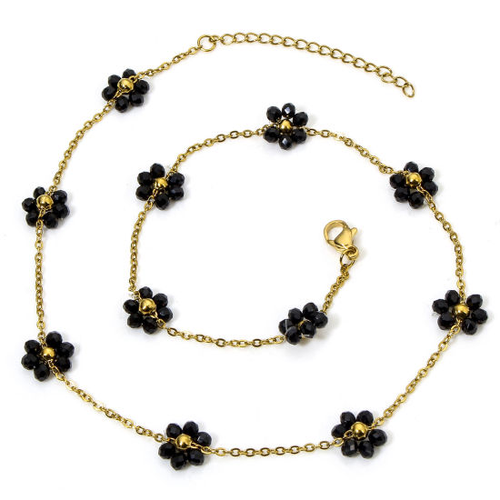 Picture of 1 Piece Vacuum Plating 304 Stainless Steel Beaded Chain Necklace 18K Gold Plated Black Flower With Lobster Claw Clasp And Extender Chain 39cm(15 3/8") long