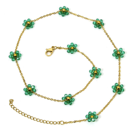 Picture of 1 Piece Vacuum Plating 304 Stainless Steel Beaded Chain Necklace 18K Gold Plated Green Flower With Lobster Claw Clasp And Extender Chain 39cm(15 3/8") long