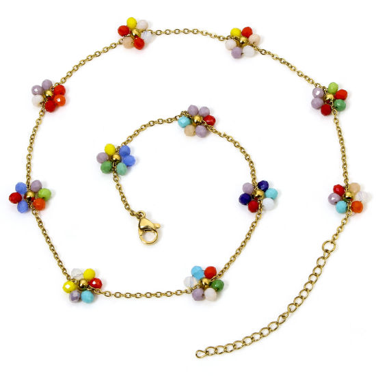 Picture of 1 Piece Vacuum Plating 304 Stainless Steel Beaded Chain Necklace 18K Gold Plated Multicolor Flower With Lobster Claw Clasp And Extender Chain 39cm(15 3/8") long