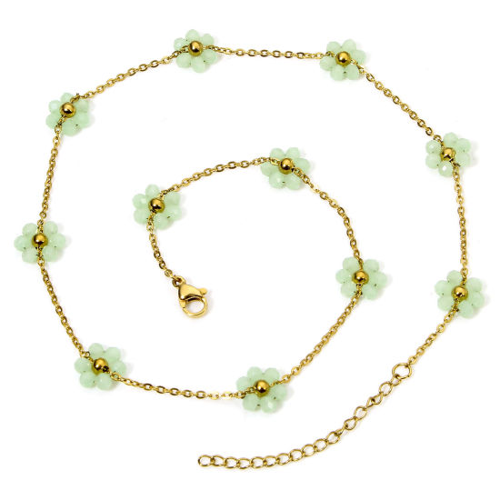 Picture of 1 Piece Vacuum Plating 304 Stainless Steel Beaded Chain Necklace 18K Gold Plated Light Green Flower With Lobster Claw Clasp And Extender Chain 39cm(15 3/8") long