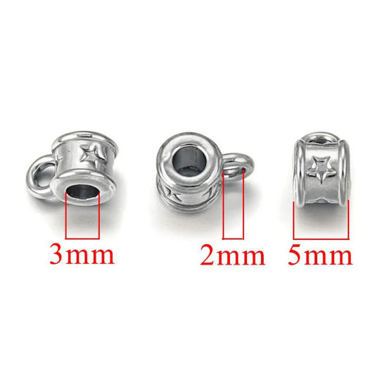 Picture of 2 PCs 304 Stainless Steel Bail Beads With Loop For DIY Jewelry Making Findings Cylinder Silver Tone 8mm x 5mm