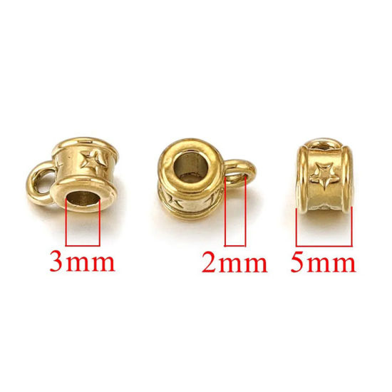 Picture of 2 PCs Vacuum Plating 304 Stainless Steel Bail Beads With Loop For DIY Jewelry Making Findings Cylinder 18K Gold Plated 8mm x 5mm