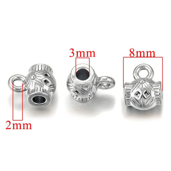 Picture of 2 PCs 304 Stainless Steel Bail Beads With Loop For DIY Jewelry Making Findings Barrel Silver Tone 10mm x 8mm