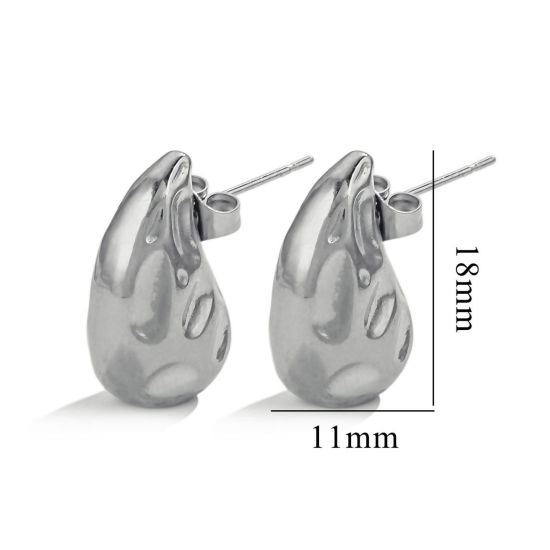 Picture of 2 PCs 304 Stainless Steel Ear Post Stud Earrings Silver Tone Drop 18mm x 8mm, Post/ Wire Size: (21 gauge)