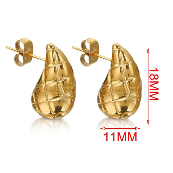 Picture of 2 PCs Vacuum Plating 304 Stainless Steel Ear Post Stud Earrings 18K Gold Plated Drop 18mm x 8mm, Post/ Wire Size: (21 gauge)