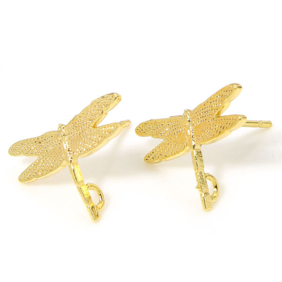 Picture of 2 PCs Hypoallergenic Brass Cute Earring Accessories 18K Gold Plated Dragonfly Animal 16mm x 11.5mm, Post/ Wire Size: (20 gauge)