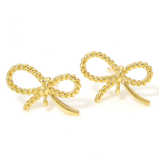 Immagine di 2 Pz Ecologico Ottone Squisito Orecchino a Bottone dell'Orecchio per Accessori per la Creazione di Gioielli Fai-da-te Placcato Oro 18K Cravatta a Farfalla 14mm x 10mm, Dimensione di Posta / Cavo: (20 misura)