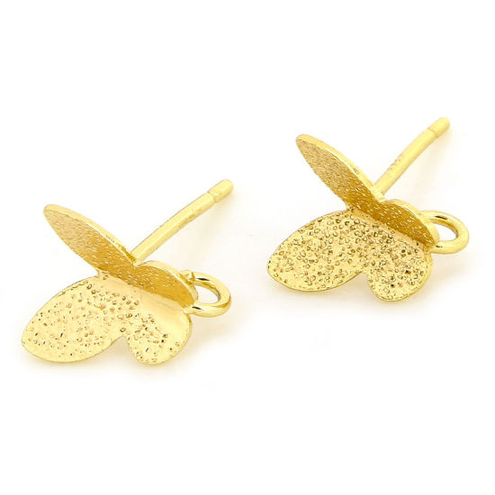 Picture of 1 Pair Hypoallergenic Brass Cute Earring Accessories 18K Gold Plated Butterfly Animal 8mm x 7.5mm, Post/ Wire Size: (20 gauge)