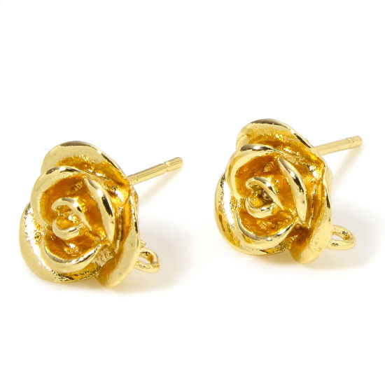 Picture of 1 Pair Hypoallergenic Brass Cute Earring Accessories 18K Gold Plated Rose Flower 10.5mm x 9.5mm, Post/ Wire Size: (20 gauge)