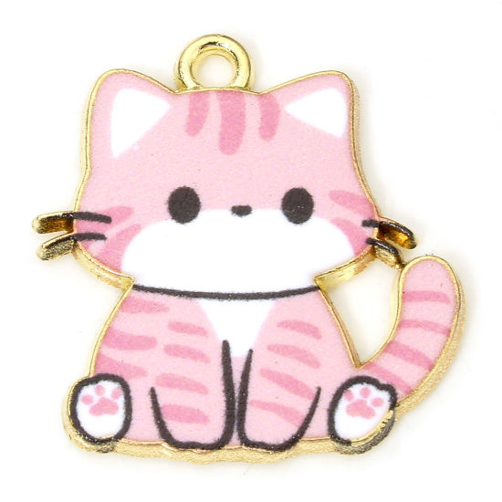 Picture of 10 PCs Zinc Based Alloy Charms Gold Plated Pink Cat Animal Enamel 24mm x 23mm
