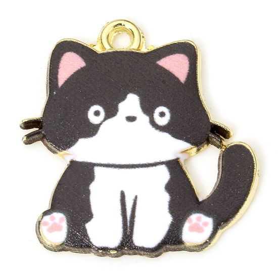 Picture of 10 PCs Zinc Based Alloy Charms Gold Plated Black & White Cat Animal Enamel 24mm x 23mm