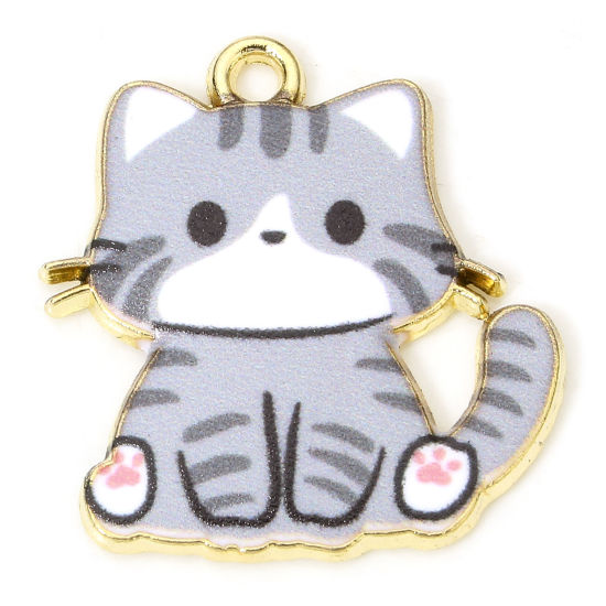 Picture of 10 PCs Zinc Based Alloy Charms Gold Plated Gray Cat Animal Enamel 24mm x 23mm