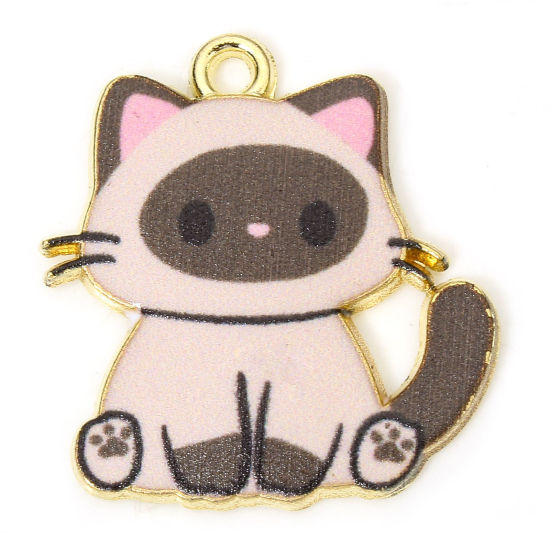 Picture of 10 PCs Zinc Based Alloy Charms Gold Plated Coffee Cat Animal Enamel 24mm x 23mm
