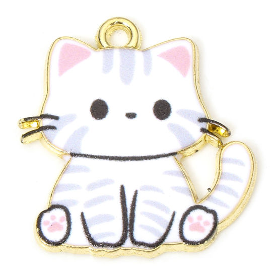 Picture of 10 PCs Zinc Based Alloy Charms Gold Plated White Cat Animal Enamel 24mm x 23mm