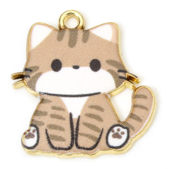 Picture of 10 PCs Zinc Based Alloy Charms Gold Plated Brown Cat Animal Enamel 24mm x 23mm