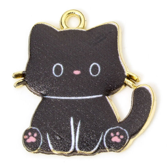 Picture of 10 PCs Zinc Based Alloy Charms Gold Plated Black Cat Animal Enamel 24mm x 23mm