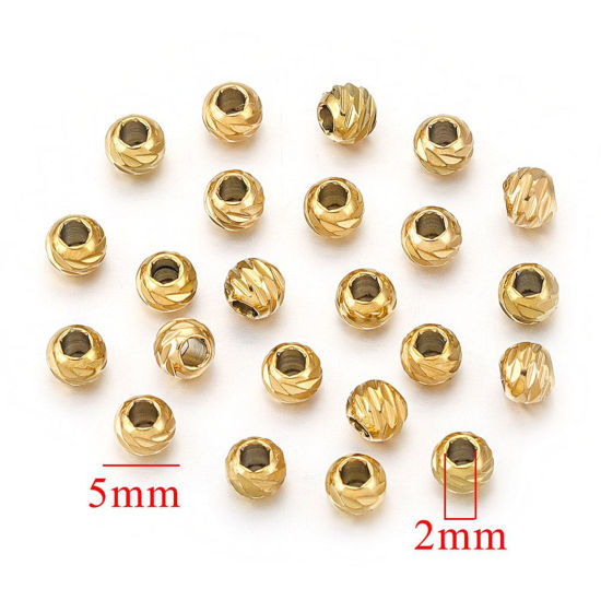 Picture of 5 PCs Eco-friendly 304 Stainless Steel Beads For DIY Jewelry Making Round 18K Gold Plated Carved Pattern 5mm x 2mm, Hole: Approx 2mm