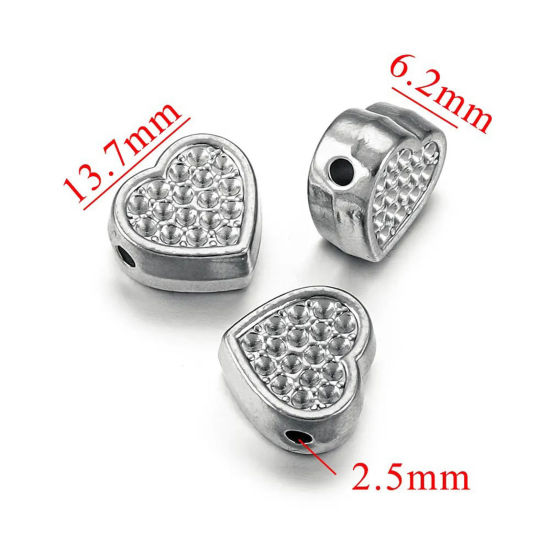 Picture of 1 Piece Eco-friendly 304 Stainless Steel Casting Beads For DIY Jewelry Making Heart Silver Tone 13.5mm x 6mm, Hole: Approx 2.5mm