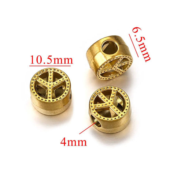 Picture of 1 Piece Eco-friendly 304 Stainless Steel Casting Beads For DIY Jewelry Making 18K Gold Plated Flat Round Peace Symbol 10.5mm x 6.5mm, Hole: Approx 4mm