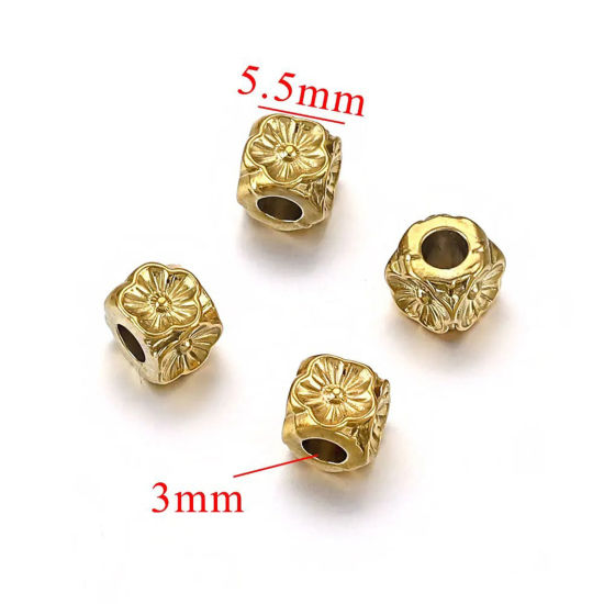 Picture of 1 Piece Eco-friendly 304 Stainless Steel Casting Beads For DIY Jewelry Making Cylinder 18K Gold Plated Carved Pattern 5.5mm x 5.5mm, Hole: Approx 3mm