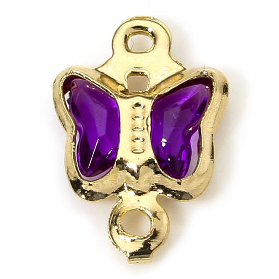 Image de 10 PCs Brass & Glass Insect Connectors Charms Pendants Gold Plated Purple Butterfly Animal 11mm x 7mm