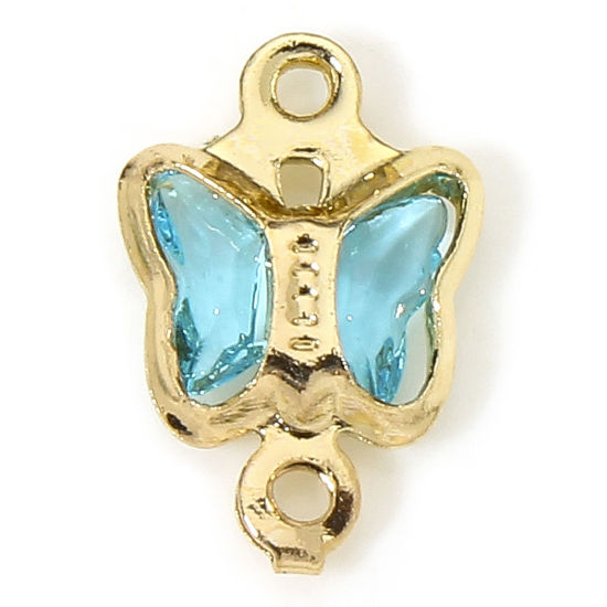 Bild von 10 Stück Messing und Glas Insekt Steckverbinder Charms Anhänger Vergoldet Hellblau Schmetterling 11mm x 7mm