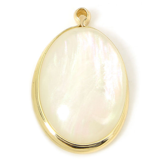 Picture of 2 PCs Natural Shell & Brass Geometric Charms Gold Plated Oval 22mm x 15mm