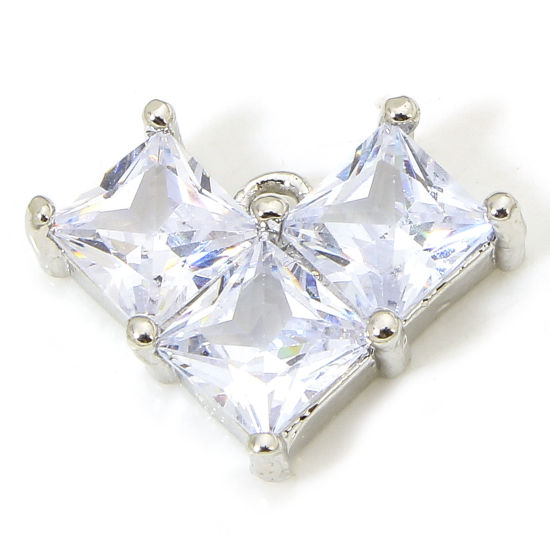 Picture of 1 Piece Brass Valentine's Day Charms Platinum Plated Heart Clear Rhinestone 16mm x 12mm