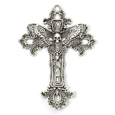 Imagen de 10 Unidades Zamak Religión Colgantes Plata Antigua Cruz Calavera Esqueleto de Halloween Hueco 5.1cm x 3.7cm