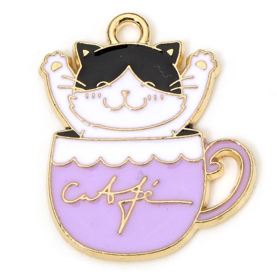 Imagen de 10 Unidades Zamak Colgantes Chapado en Oro Multicolor Gato Taza Esmalte 24mm x 20mm