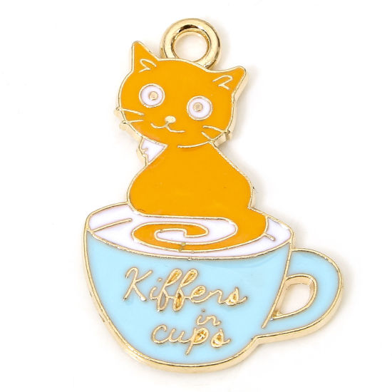 Imagen de 10 Unidades Zamak Colgantes Chapado en Oro Multicolor Gato Taza Esmalte 25mm x 17mm