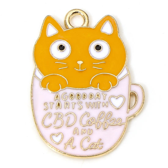Imagen de 10 Unidades Zamak Colgantes Chapado en Oro Multicolor Gato Taza Esmalte 25mm x 18mm