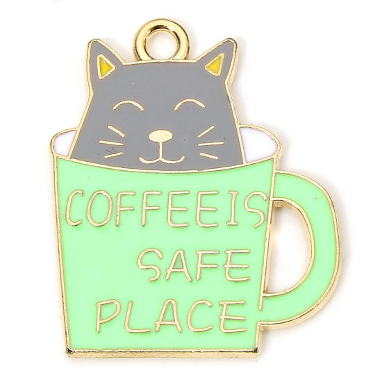 Imagen de 10 Unidades Zamak Colgantes Chapado en Oro Multicolor Gato Taza Esmalte 25mm x 21mm