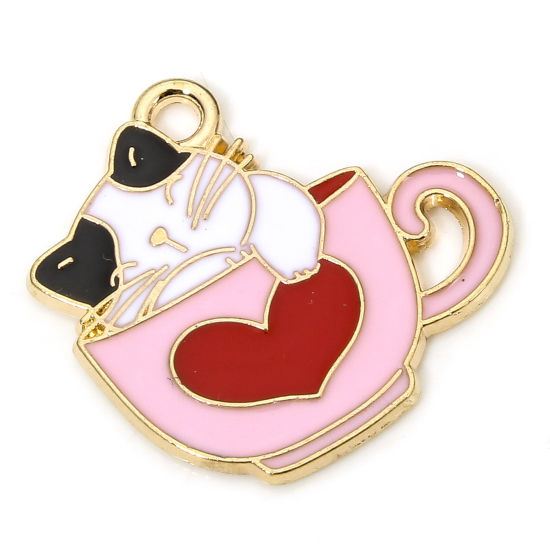 Imagen de 10 Unidades Zamak Colgantes Chapado en Oro Multicolor Gato Taza Esmalte 22mm x 20mm