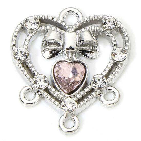 Изображение 5 PCs Zinc Based Alloy Valentine's Day Chandelier Connectors Silver Tone Heart Bowknot Hollow Clear & Light Pink Rhinestone 18mm x 16mm