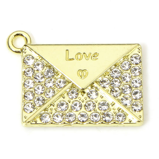 Picture of 5 PCs Valentine's Day Charms Gold Plated Envelope Message " LOVE " Micro Pave Clear Rhinestone 20mm x 15mm
