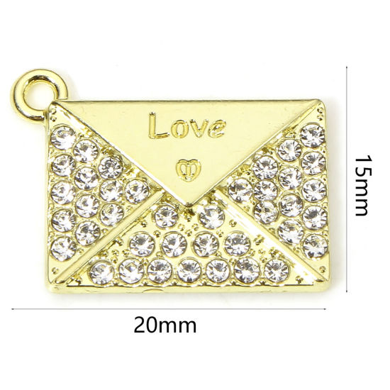 Picture of 5 PCs Valentine's Day Charms Gold Plated Envelope Message " LOVE " Micro Pave Clear Rhinestone 20mm x 15mm