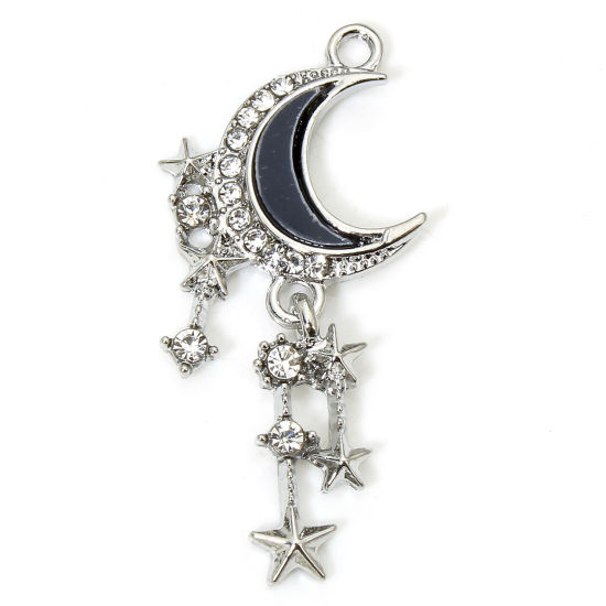 Image de 5 Pcs Pendentifs Galaxie en Alliage de Zinc Argent Mat Demi Lune Franges à Strass Transparent Micro Pave 3.8cm x 1.8cm