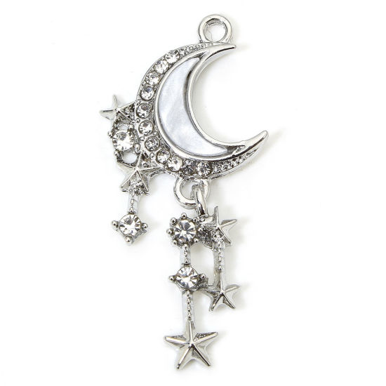 Image de 5 Pcs Pendentifs Galaxie en Alliage de Zinc Argent Mat Demi Lune Franges à Strass Transparent Micro Pave 3.8cm x 1.8cm