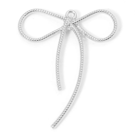 Picture of 10 PCs Zinc Based Alloy Clothes Pendants Silver Tone Bowknot Hollow 4.4cm x 3.6cm