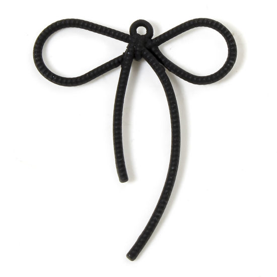 Picture of 10 PCs Zinc Based Alloy Clothes Pendants Black Bowknot Hollow 4.4cm x 3.6cm