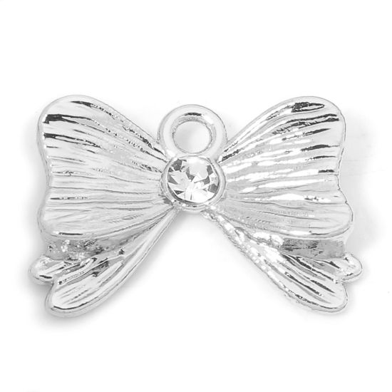 Imagen de 10 Unidades Zamak Ropa Colgantes Tono de Plata Bowknot Textura Transparente Rhinestone) 20mm x 13.5mm