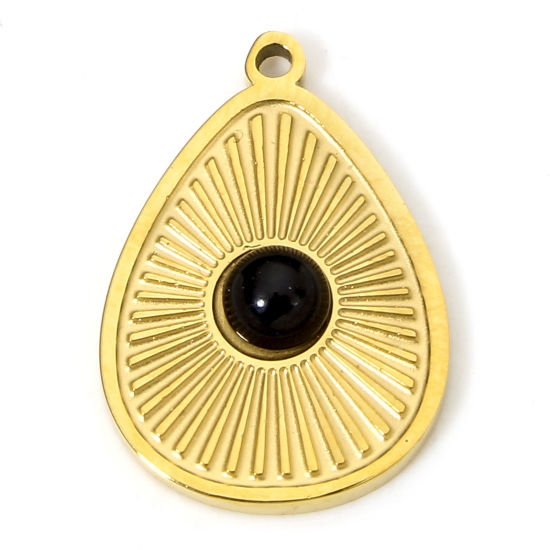 Immagine di 1 Pz Placcatura Sottovuoto Ecologica 304 Acciaio Inossidabile & Pietra Elegante Ciondoli Goccia Oro Placcato Nero Luce del Sole 18mm x 13mm