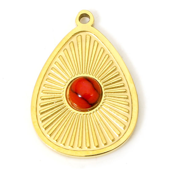 Изображение 1 Piece Eco-friendly Vacuum Plating 304 Stainless Steel & Stone Stylish Charms Gold Plated Red Drop Sunshine 18mm x 13mm