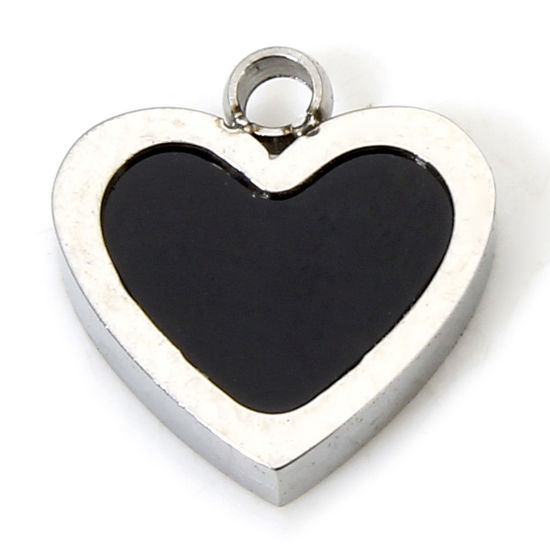 Image de 1 Piece Eco-friendly 304 Stainless Steel & Acrylic Simple Charms Silver Tone Black Heart 8.5mm x 8mm