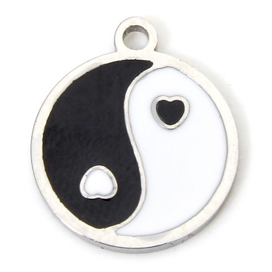 Изображение 1 Piece Eco-friendly 304 Stainless Steel Religious Charms Silver Tone Black & White Round Yin Yang Symbol Enamel 12mm x 10.5mm